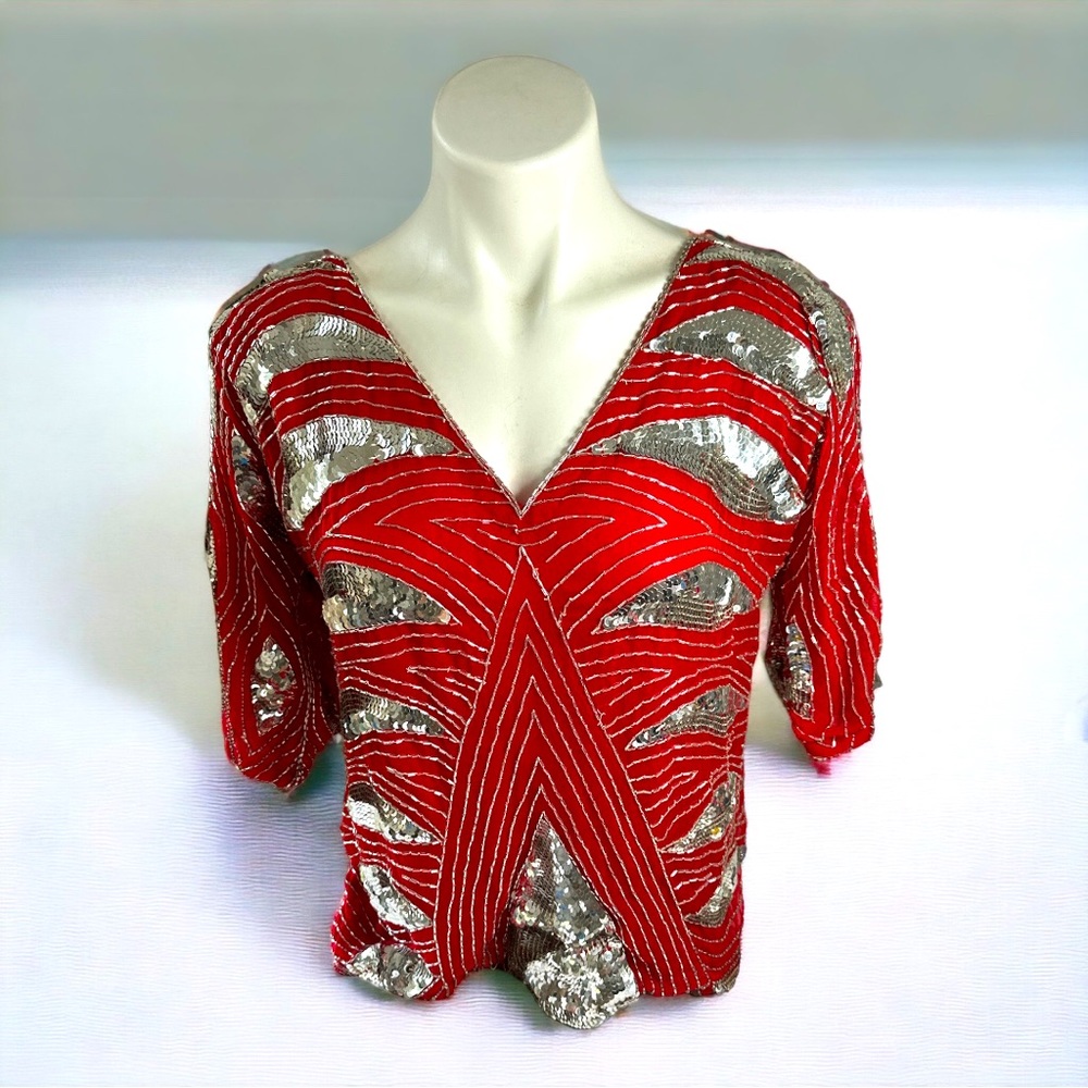 Vintage NWT Shomax sequin red and silver top SZ M